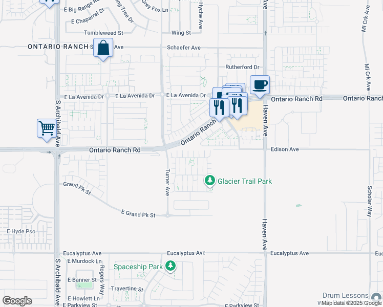 map of restaurants, bars, coffee shops, grocery stores, and more near 3205 East Mount Rainier Drive in Ontario