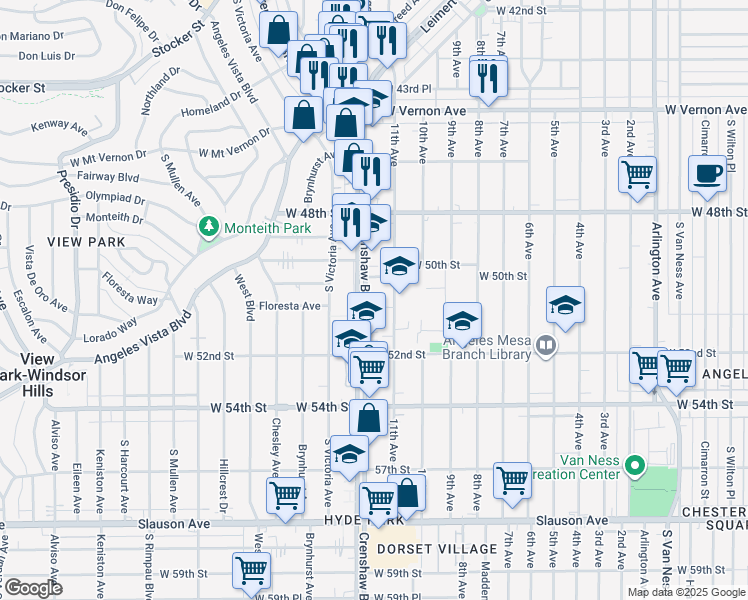 map of restaurants, bars, coffee shops, grocery stores, and more near 3322 West 50th Street in Los Angeles