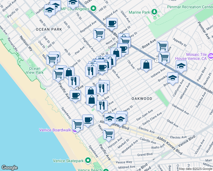 map of restaurants, bars, coffee shops, grocery stores, and more near 336 5th Avenue in Los Angeles