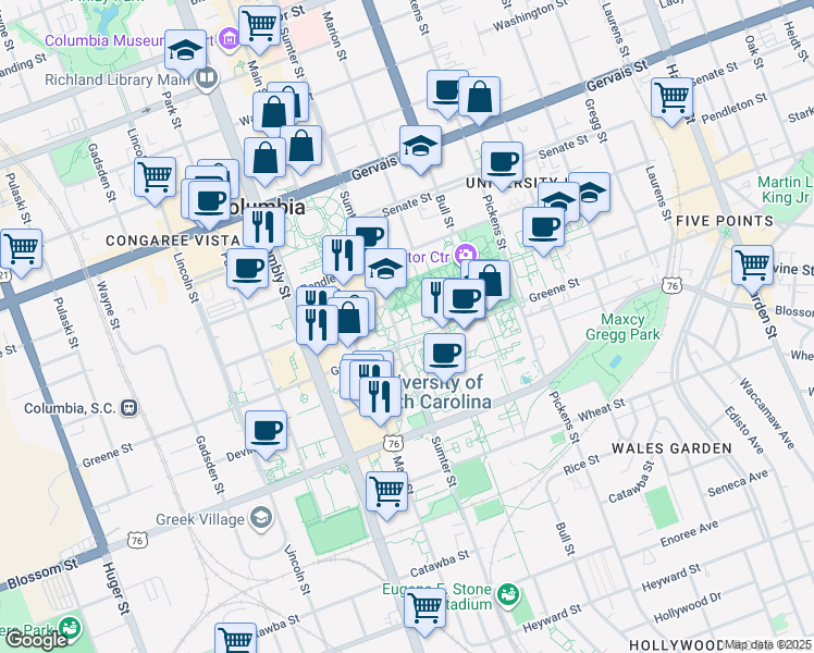 map of restaurants, bars, coffee shops, grocery stores, and more near 800 Sumter Street in Columbia