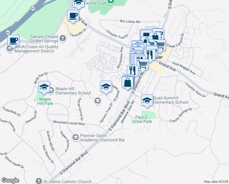 map of restaurants, bars, coffee shops, grocery stores, and more near 1316 Holly Leaf Way in Diamond Bar