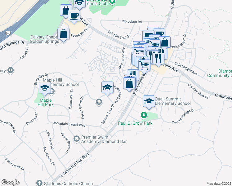 map of restaurants, bars, coffee shops, grocery stores, and more near 1316 Holly Leaf Way in Diamond Bar