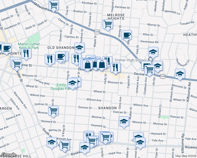 map of restaurants, bars, coffee shops, grocery stores, and more near 2803 Shandon Place in Columbia