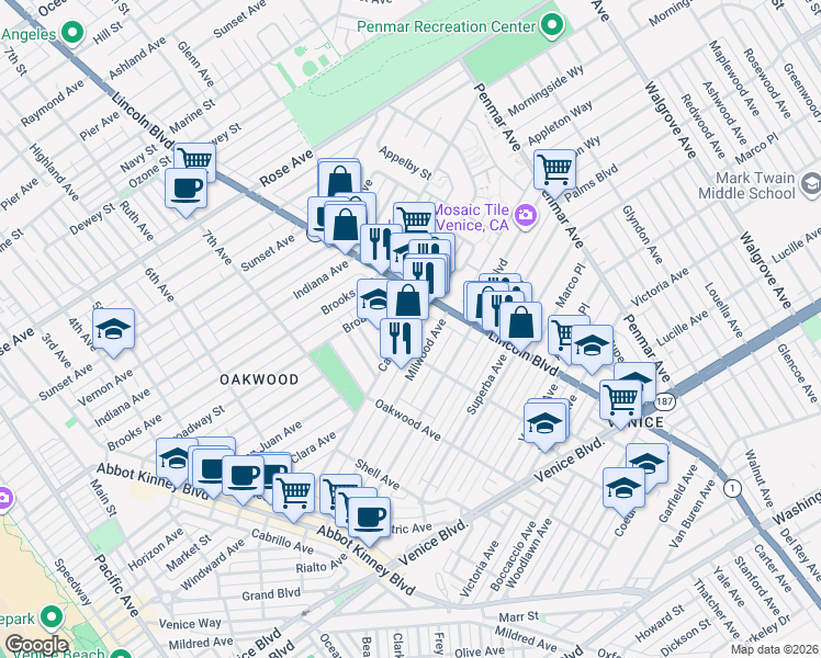 map of restaurants, bars, coffee shops, grocery stores, and more near 926 California Avenue in Los Angeles