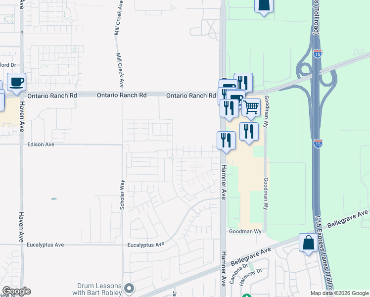 map of restaurants, bars, coffee shops, grocery stores, and more near 11051 Edison Avenue in Ontario