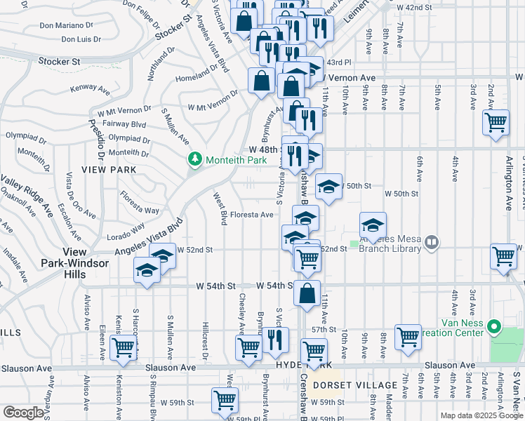 map of restaurants, bars, coffee shops, grocery stores, and more near 3477 Floresta Avenue in View Park-Windsor Hills