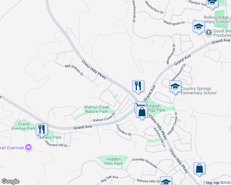 map of restaurants, bars, coffee shops, grocery stores, and more near 14155 Applegate Lane in Chino Hills
