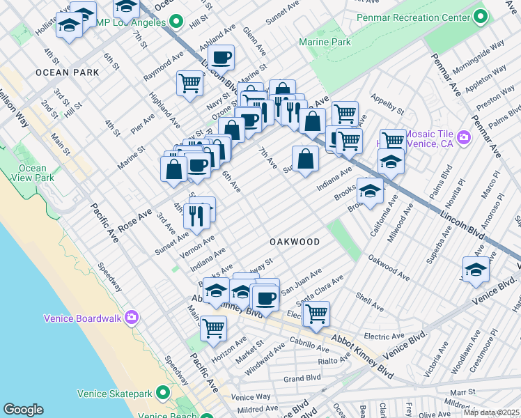 map of restaurants, bars, coffee shops, grocery stores, and more near 702 6th Avenue in Los Angeles