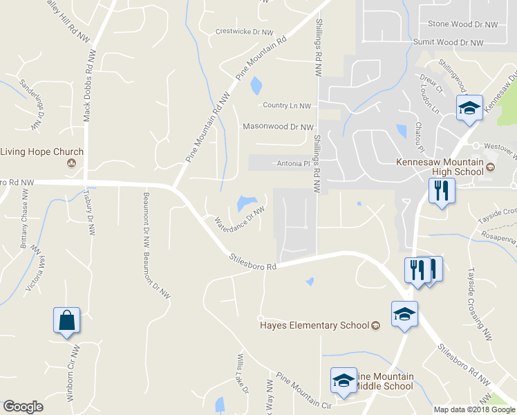 map of restaurants, bars, coffee shops, grocery stores, and more near 3014 Waterdance Drive Northwest in Kennesaw