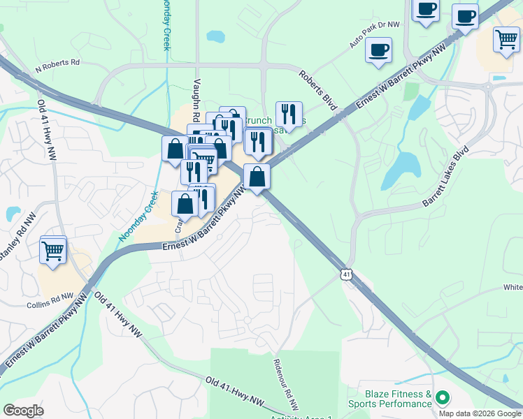 map of restaurants, bars, coffee shops, grocery stores, and more near 1178 Ridenour Boulevard in Kennesaw