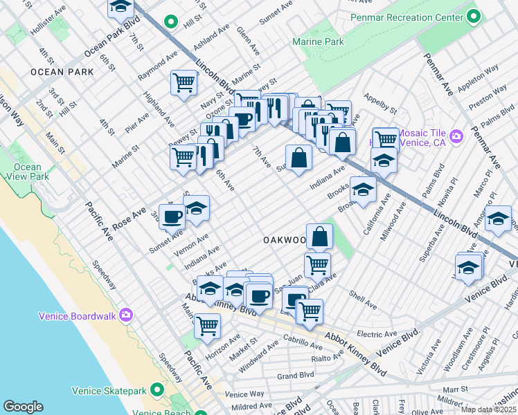 map of restaurants, bars, coffee shops, grocery stores, and more near 616 Vernon Avenue in Los Angeles