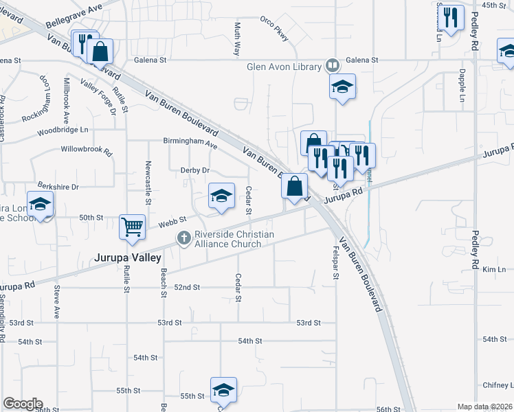 map of restaurants, bars, coffee shops, grocery stores, and more near 5010 Cedar Street in Riverside