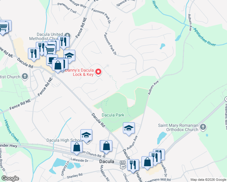 map of restaurants, bars, coffee shops, grocery stores, and more near 2775 Freemans Walk Drive in Dacula