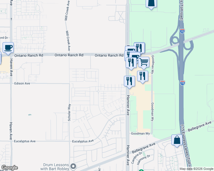 map of restaurants, bars, coffee shops, grocery stores, and more near 11051 Edison Avenue in Ontario
