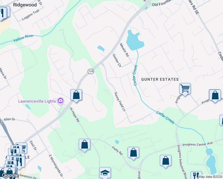 map of restaurants, bars, coffee shops, grocery stores, and more near 1094 Sunny Field Lane in Lawrenceville