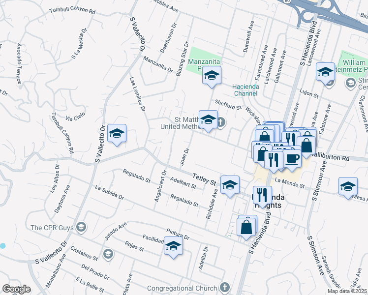map of restaurants, bars, coffee shops, grocery stores, and more near 2149 Joan Drive in Hacienda Heights