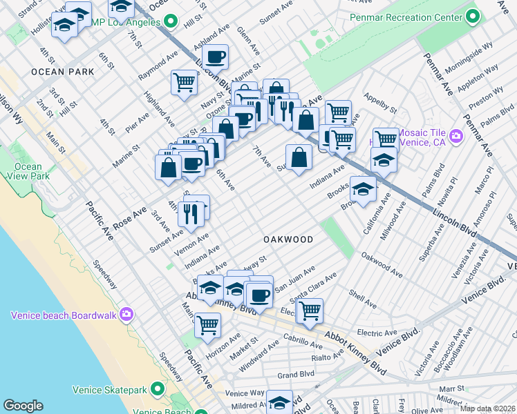 map of restaurants, bars, coffee shops, grocery stores, and more near 616 Vernon Avenue in Los Angeles