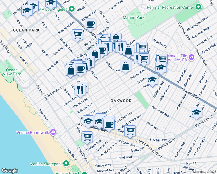map of restaurants, bars, coffee shops, grocery stores, and more near 616 Vernon Avenue in Los Angeles