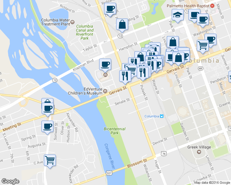 map of restaurants, bars, coffee shops, grocery stores, and more near 1133 Williams Street in Columbia