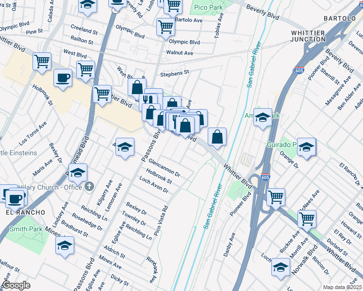 map of restaurants, bars, coffee shops, grocery stores, and more near 5030 Cord Avenue in Pico Rivera