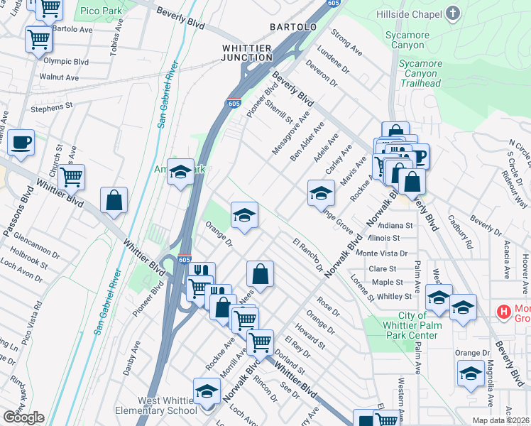 map of restaurants, bars, coffee shops, grocery stores, and more near 5647 Adele Avenue in Whittier