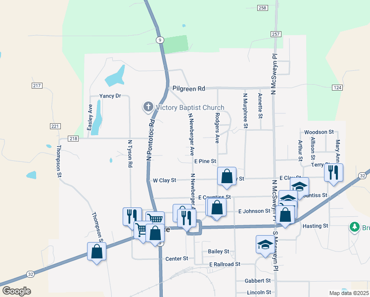 map of restaurants, bars, coffee shops, grocery stores, and more near 433 North Newberger Avenue in Bruce