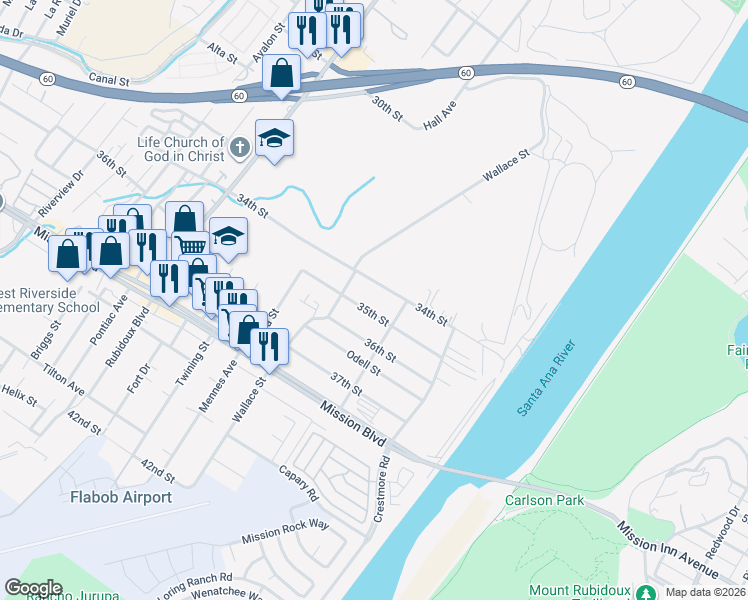 map of restaurants, bars, coffee shops, grocery stores, and more near 5345 35th Street in Riverside