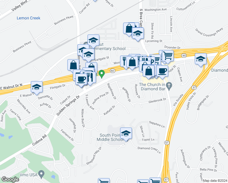 map of restaurants, bars, coffee shops, grocery stores, and more near 1250 Rapidview Drive in Walnut