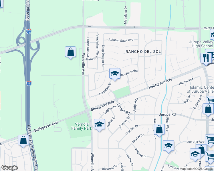 map of restaurants, bars, coffee shops, grocery stores, and more near 11661 Forsythia Street in Jurupa Valley