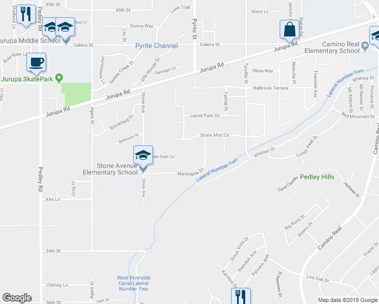 map of restaurants, bars, coffee shops, grocery stores, and more near 8257 Stonemist Circle in Riverside