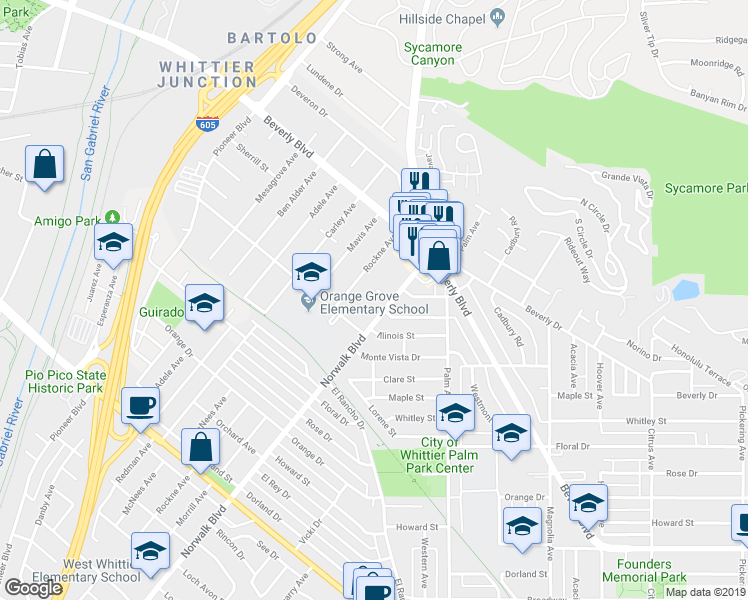 map of restaurants, bars, coffee shops, grocery stores, and more near 10729 Shire Place in Whittier