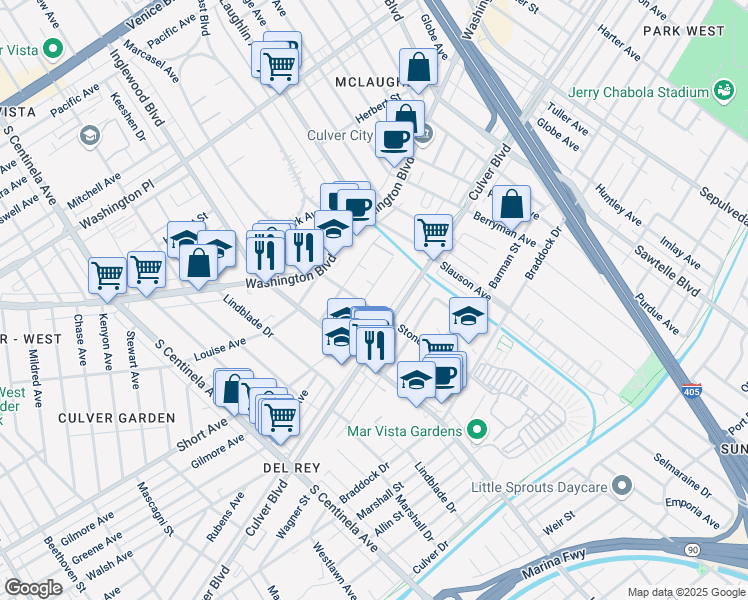 map of restaurants, bars, coffee shops, grocery stores, and more near 11823 Avon Way in Los Angeles