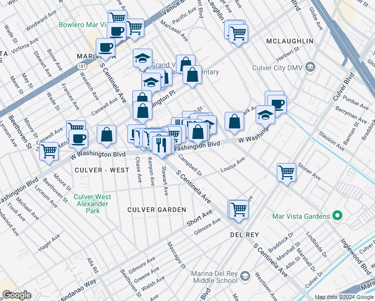 map of restaurants, bars, coffee shops, grocery stores, and more near 12231 West Washington Boulevard in Los Angeles