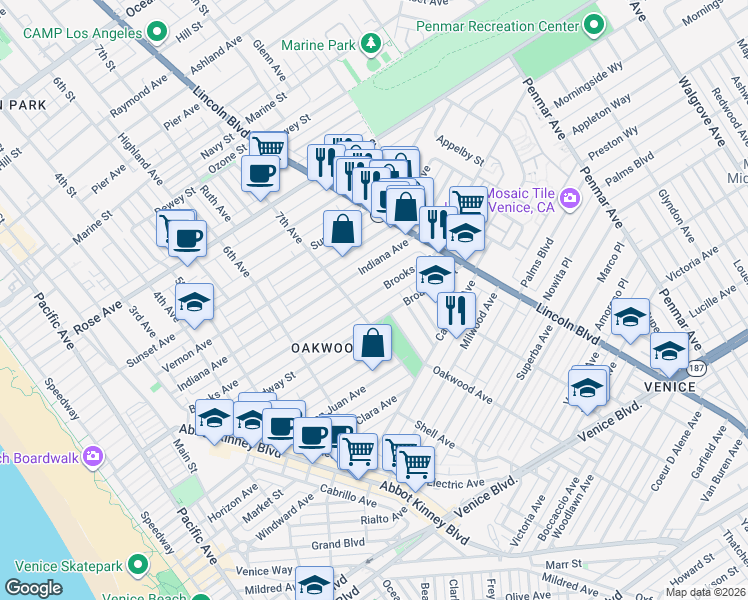 map of restaurants, bars, coffee shops, grocery stores, and more near 729 Brooks Avenue in Los Angeles