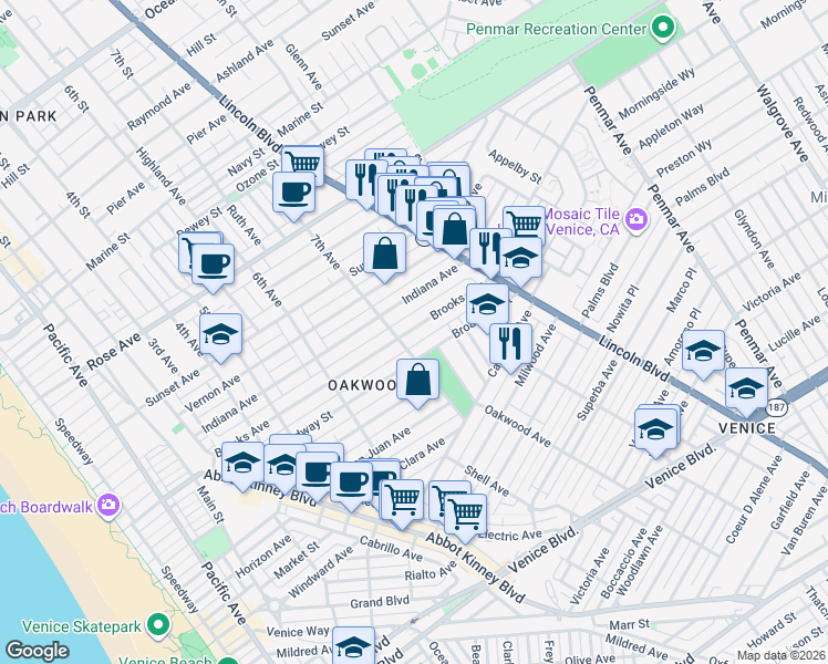 map of restaurants, bars, coffee shops, grocery stores, and more near 729 Brooks Avenue in Los Angeles