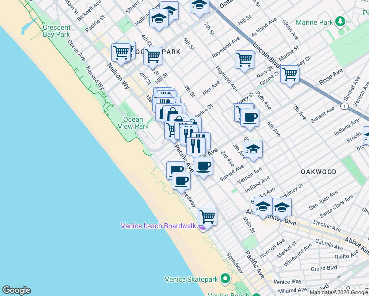 map of restaurants, bars, coffee shops, grocery stores, and more near 204 Main Street in Los Angeles