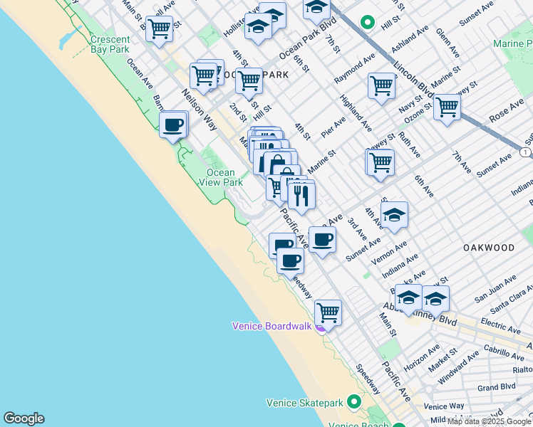 map of restaurants, bars, coffee shops, grocery stores, and more near 3355 Barnard Way in Santa Monica
