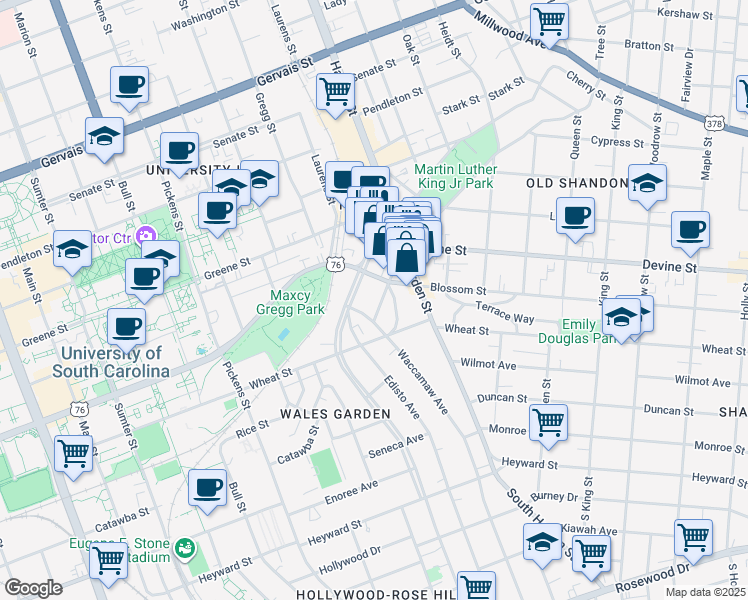 map of restaurants, bars, coffee shops, grocery stores, and more near 701 Santee Avenue in Columbia
