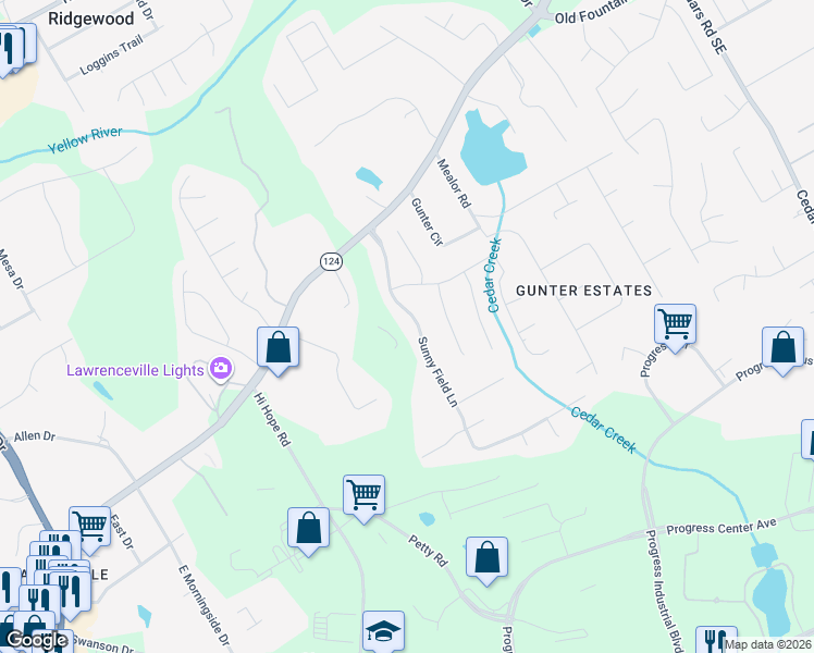 map of restaurants, bars, coffee shops, grocery stores, and more near 1094 Sunny Field Lane in Lawrenceville