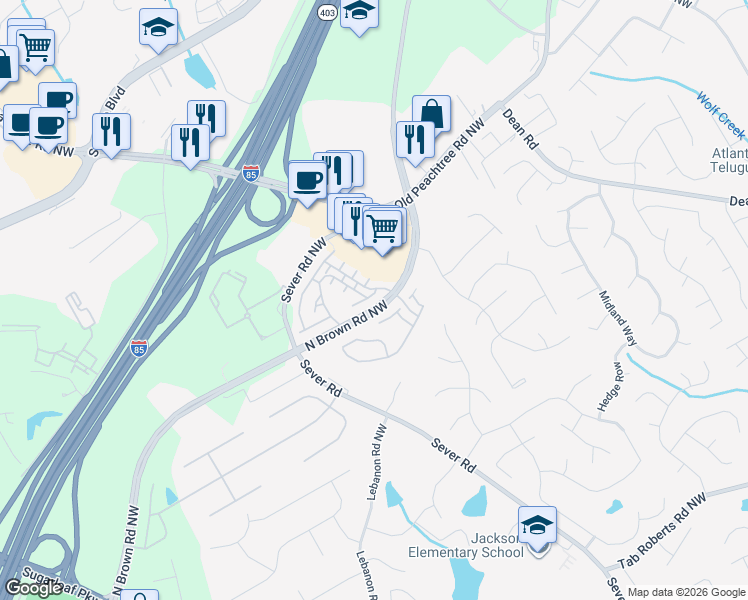 map of restaurants, bars, coffee shops, grocery stores, and more near 1418 Ruffner Lane in Lawrenceville