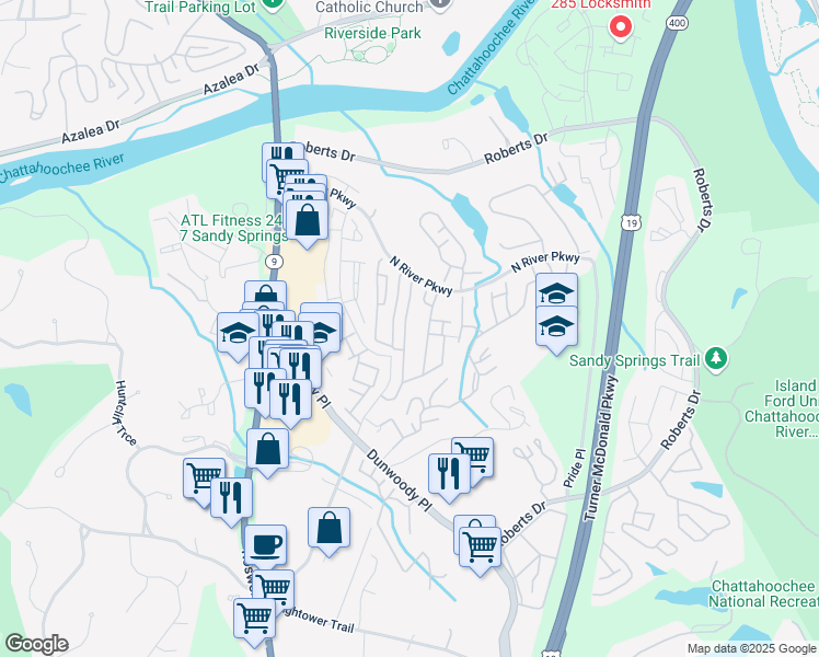 map of restaurants, bars, coffee shops, grocery stores, and more near 501 North River Parkway in Atlanta