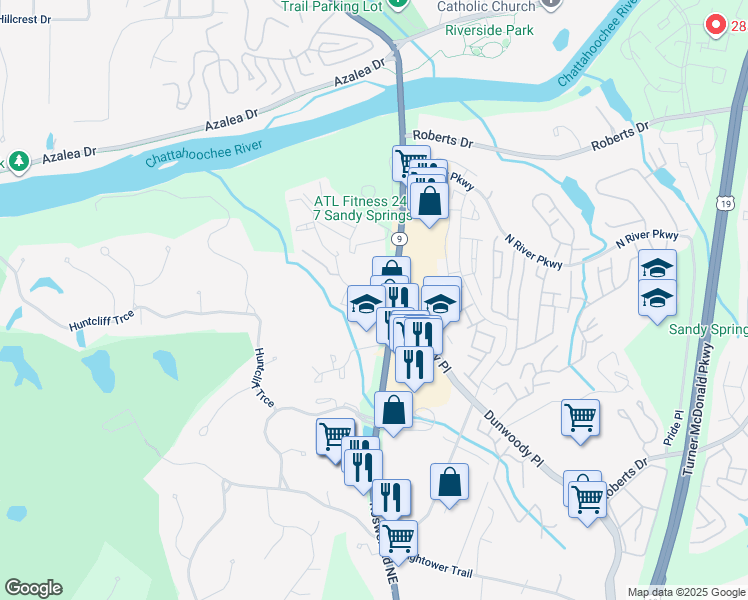 map of restaurants, bars, coffee shops, grocery stores, and more near 8763 Highway 9 in Sandy Springs