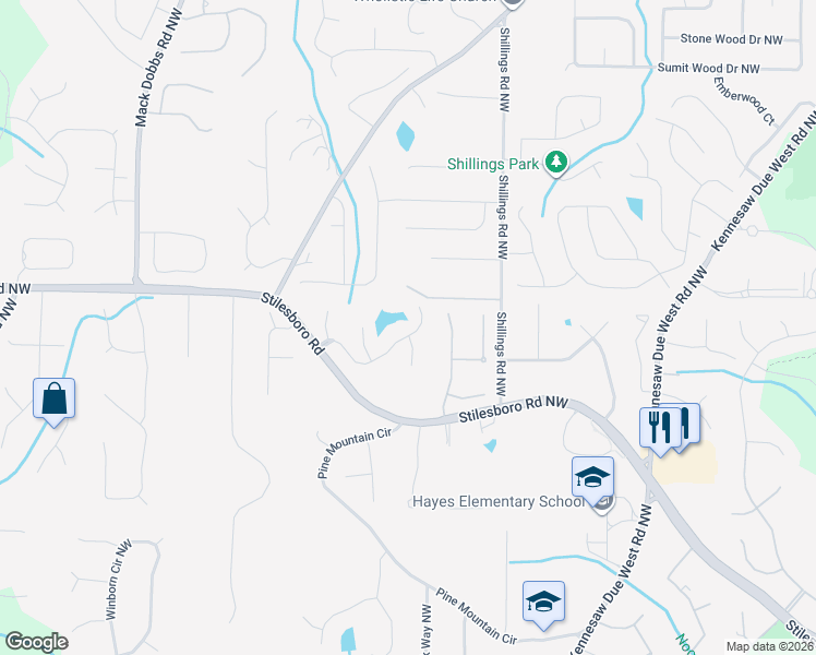 map of restaurants, bars, coffee shops, grocery stores, and more near 3014 Waterdance Drive Northwest in Kennesaw