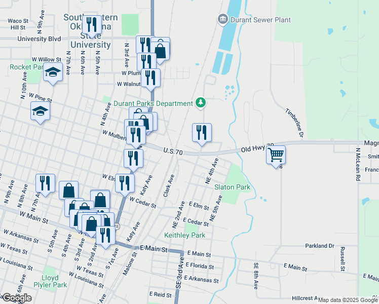 map of restaurants, bars, coffee shops, grocery stores, and more near 101 East Pine Street in Durant
