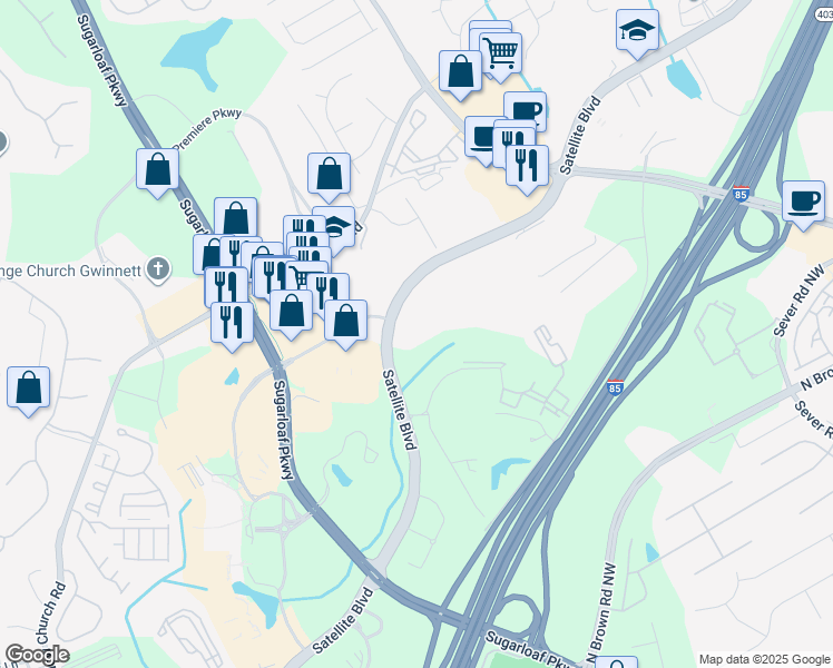 map of restaurants, bars, coffee shops, grocery stores, and more near 1790 Satellite Boulevard in Duluth