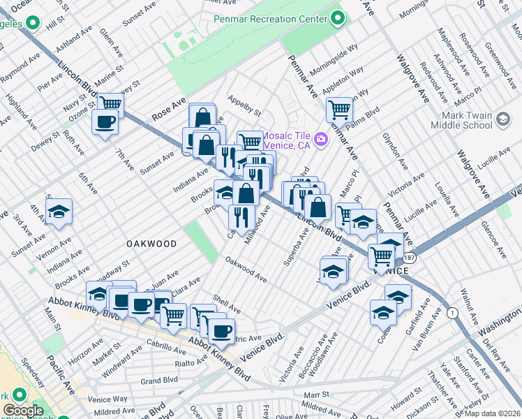 map of restaurants, bars, coffee shops, grocery stores, and more near 1411 Lincoln Boulevard in Los Angeles