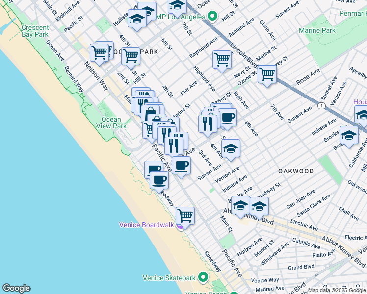 map of restaurants, bars, coffee shops, grocery stores, and more near 252 Hampton Drive in Los Angeles
