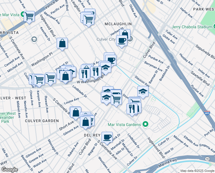 map of restaurants, bars, coffee shops, grocery stores, and more near 11900 Courtleigh Drive in Los Angeles