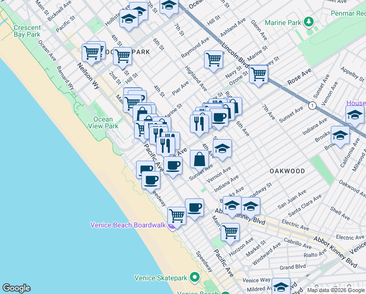 map of restaurants, bars, coffee shops, grocery stores, and more near 345 Rose Avenue in Los Angeles