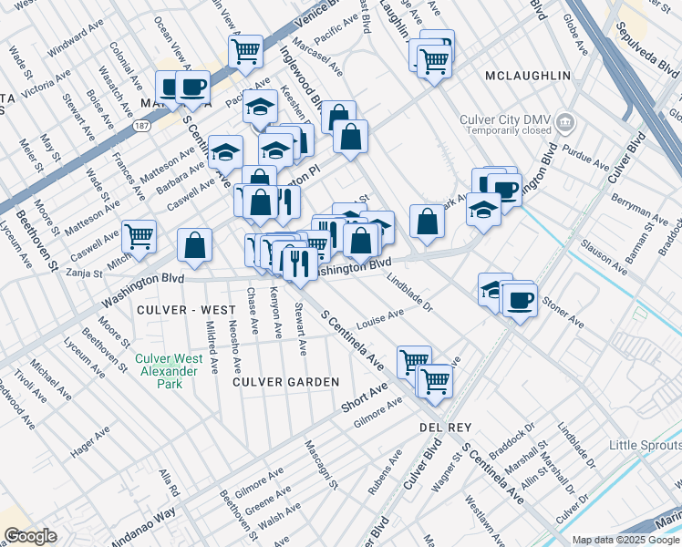 map of restaurants, bars, coffee shops, grocery stores, and more near 12231 West Washington Boulevard in Los Angeles